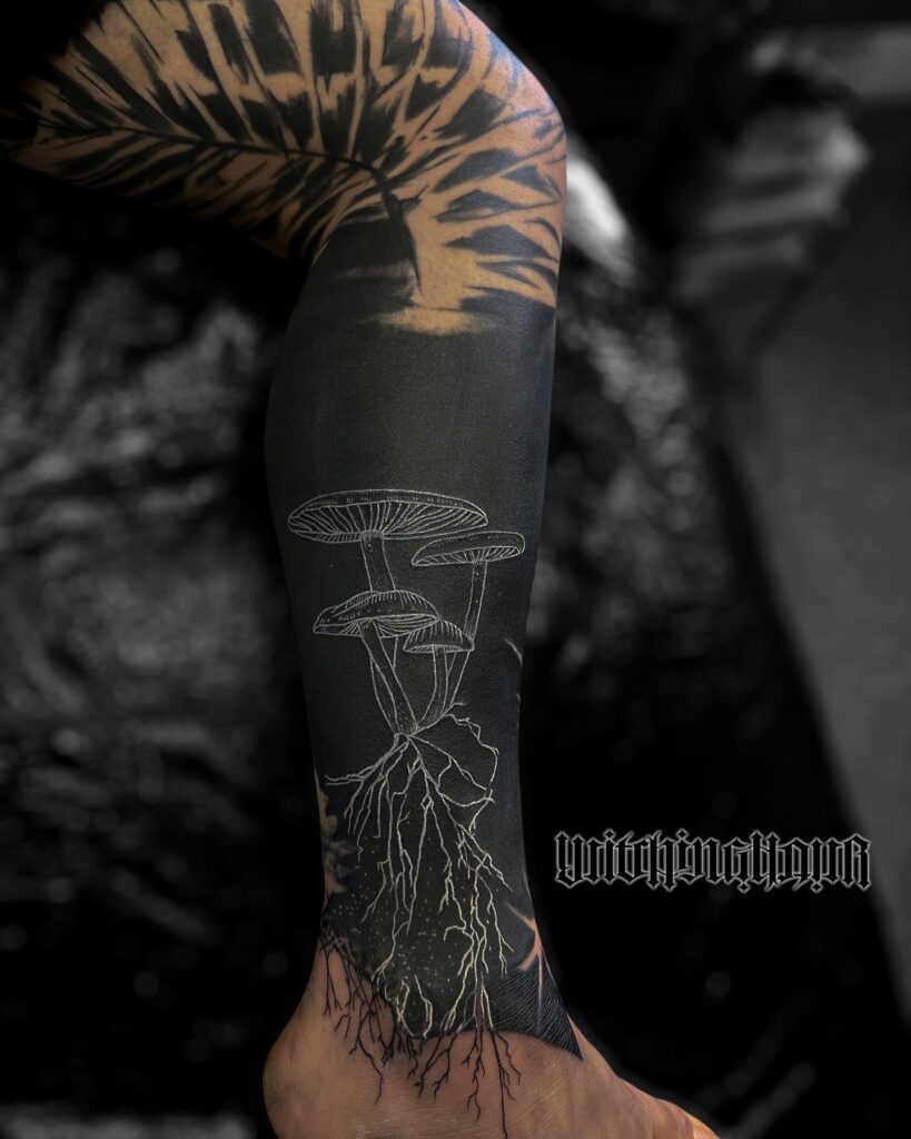 Blackwork Tattoo, Botanical Tattoo, Negative Space Tattoo by Bobby Grey, White on Black Tattoo