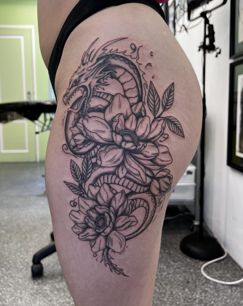 Floral Dragon Tattoo, Line Tattoo, Blackwork Tattoo by Claudia Fedorovici