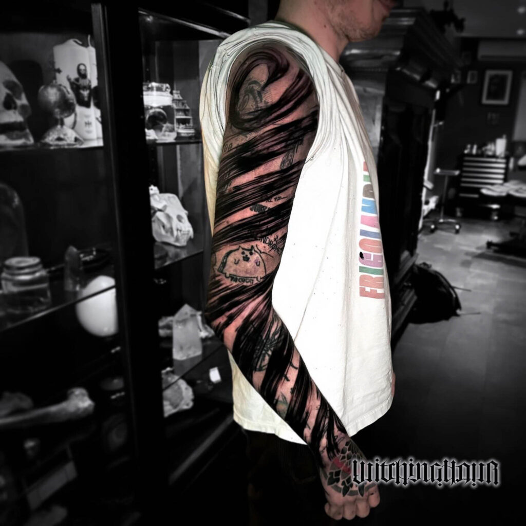 Brushstrokes Sleeve Tattoo by Bobby Grey, Blackwork Tattoo Artist