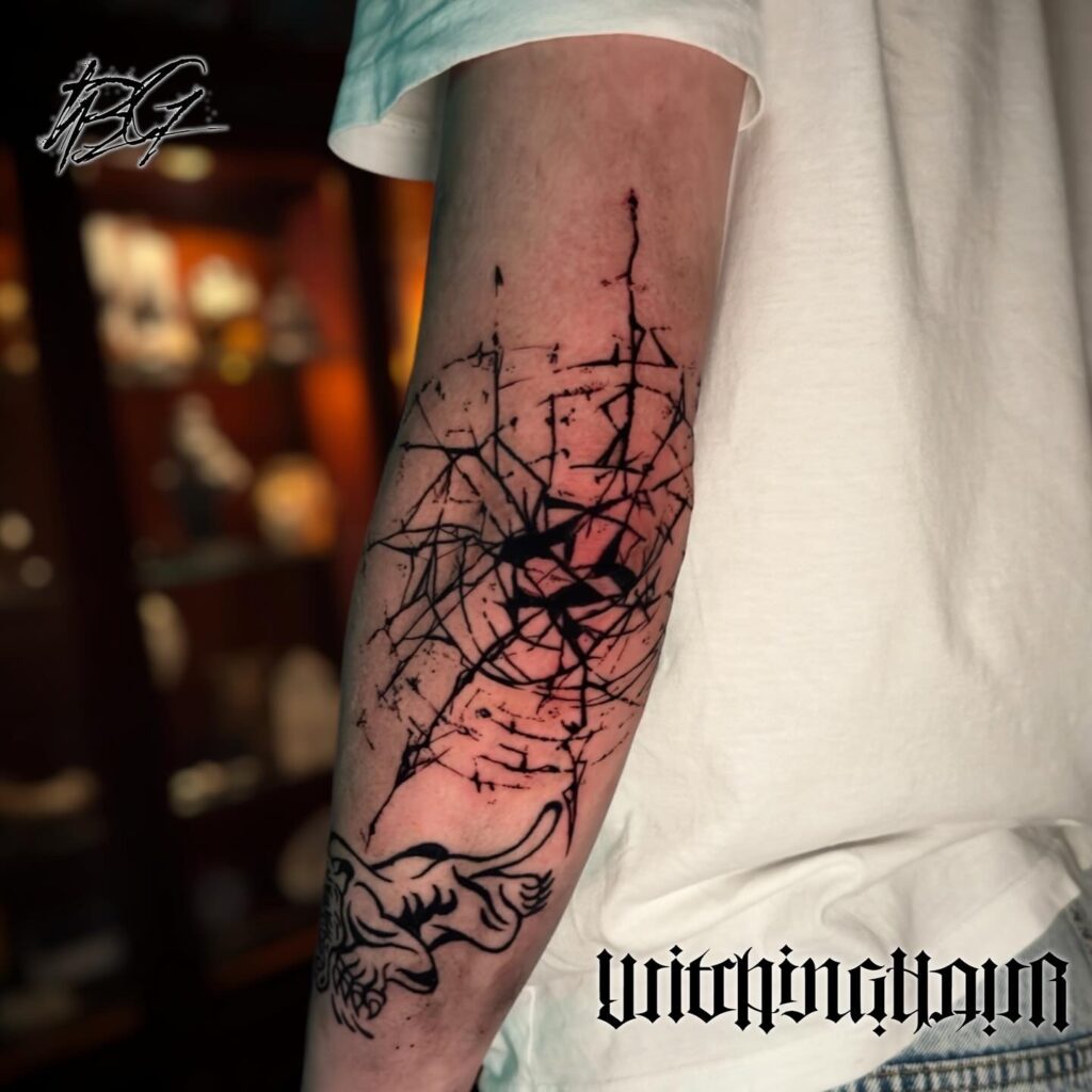 Freehand Blackwork Tattoo, Elbow Tattoo, Abstract Tattoo