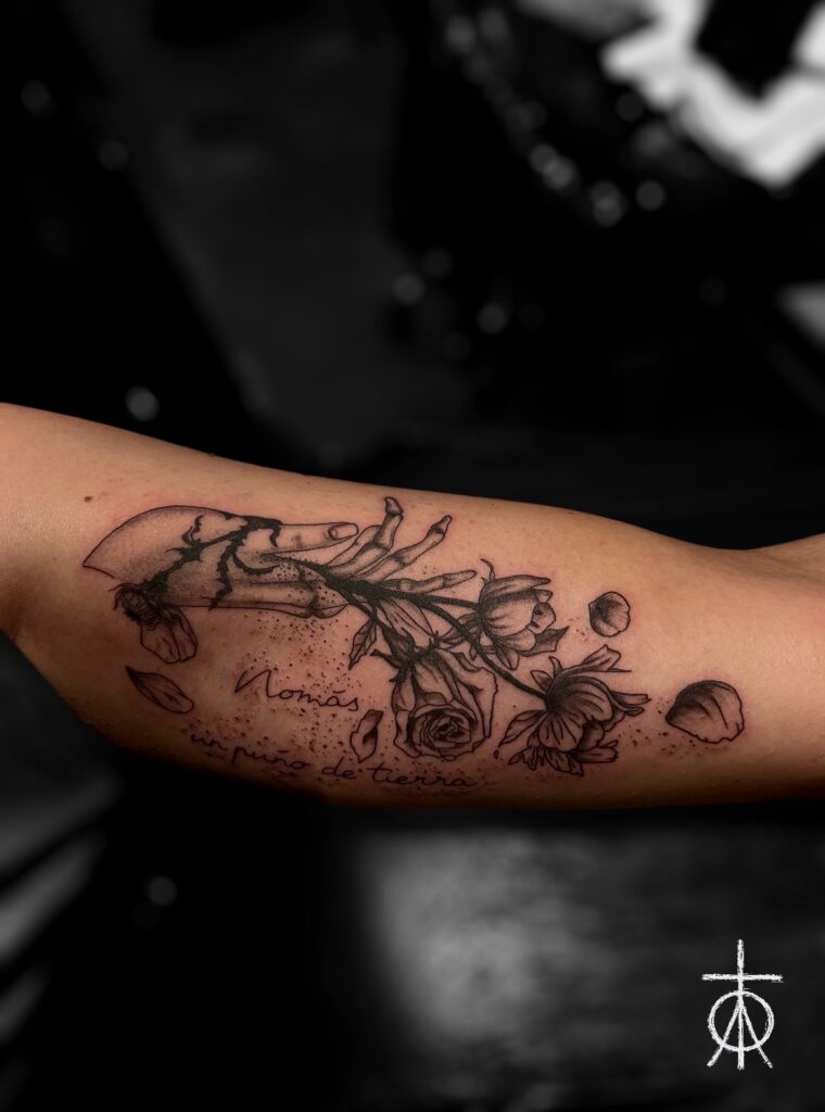 Memento Mori Tattoo, The Best Floral Tattoo, Blackwork Tattoo, Lettering Tattoo by The Best Tattoo Artist Claudia Fedorovici
