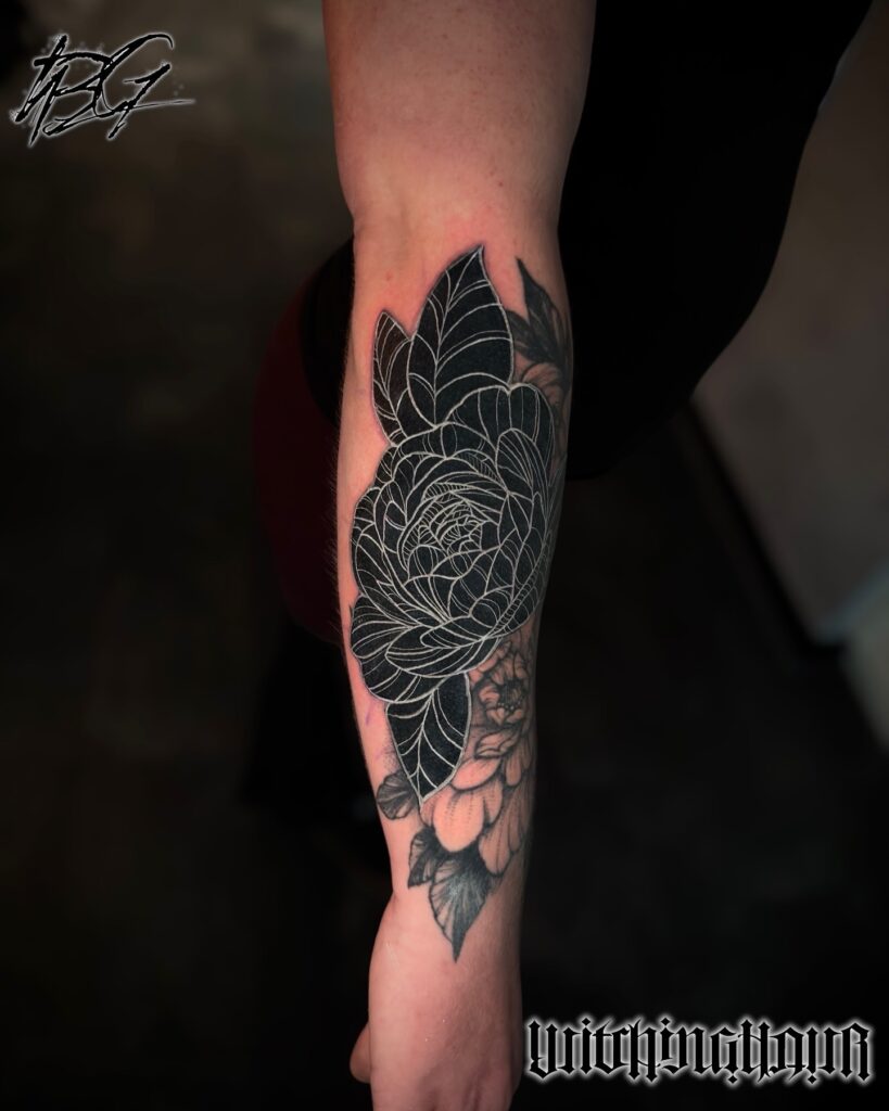 White on Black Tattoo, by The Best Blackwork Tattoo Artist Bobby Grey in Amsterdam